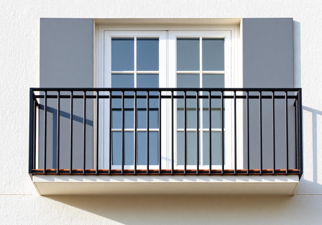 Französischer Balkon mit schwarzen Stäben an einer Hausfassade
