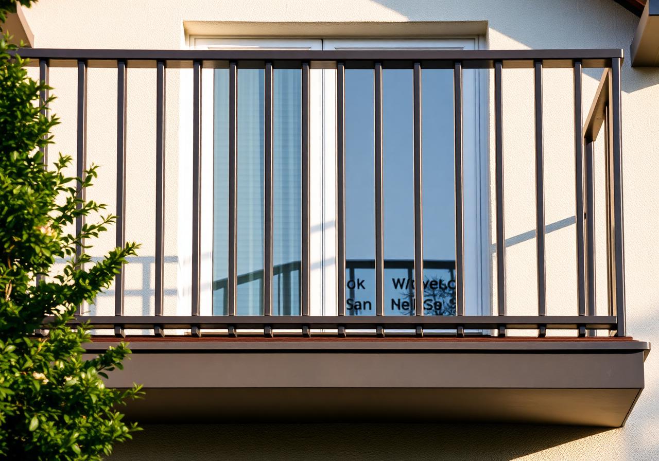 Modernes Metall-Balkongeländer mit vertikalen Stäben an einem Privathaus