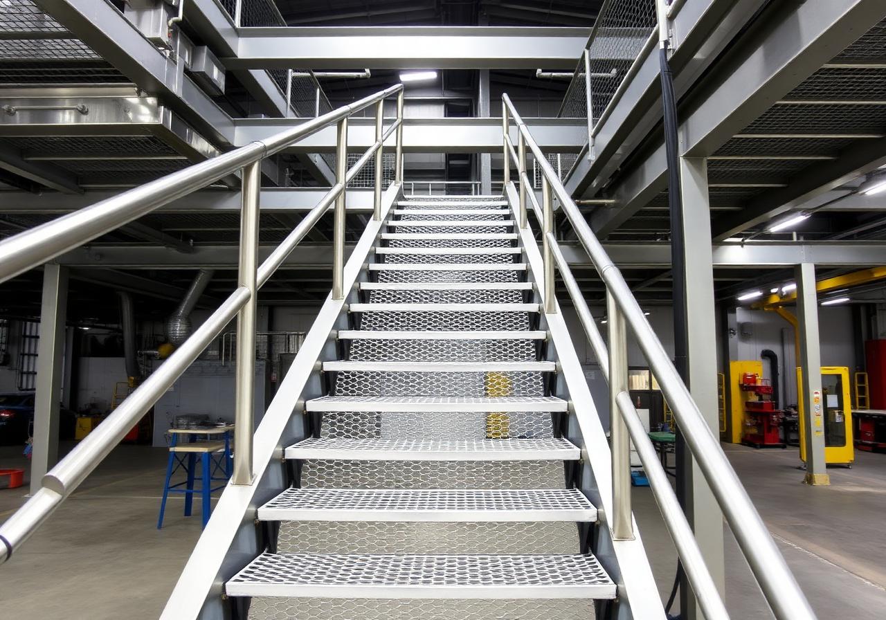 Industrietreppe mit Gitterrosttreppen und Edelstahlhandlauf
